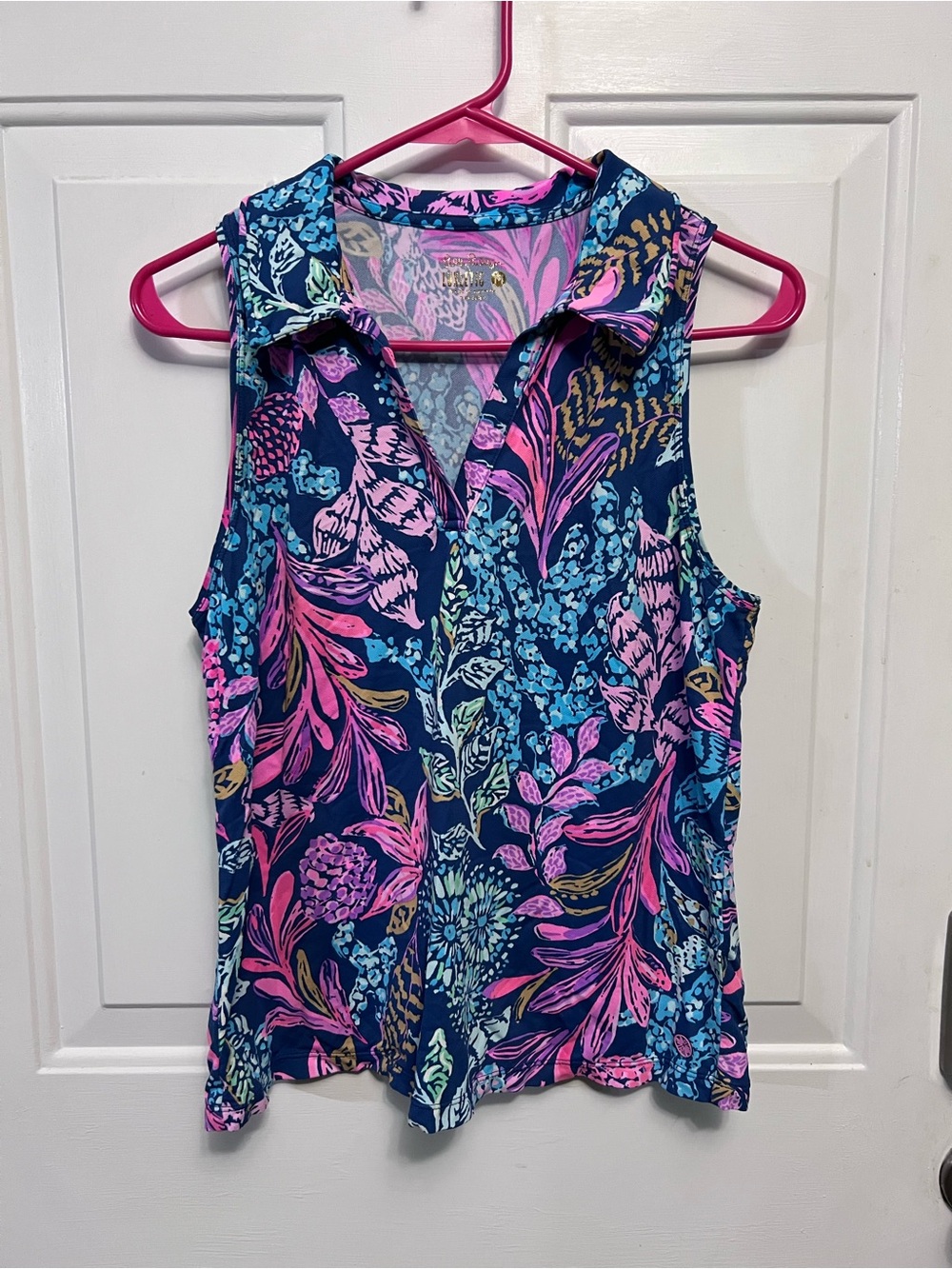 Lilly Pulitzer Alister Polo Top M Luxletic UPF 50+ Floral Navy Pink Sleeveless
